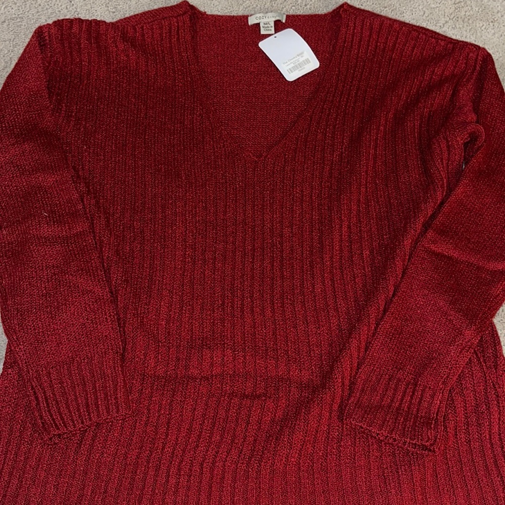 V-neck red ribbed sweater.  Size M/L. New w/tags